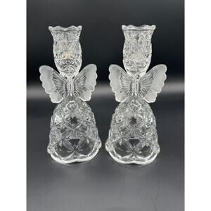 Vintage 1985 Set of 2 Hofbauer Crystal Etched Butterfly Candlestick Holders